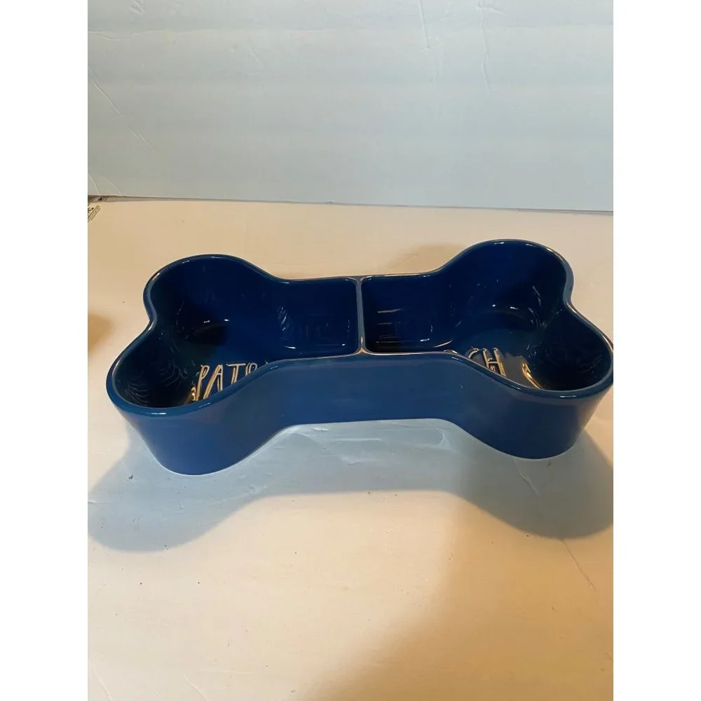 Rae Dunn Ceramic Blue Patriotic Pooch Dog Bone Shape Dog Bowl